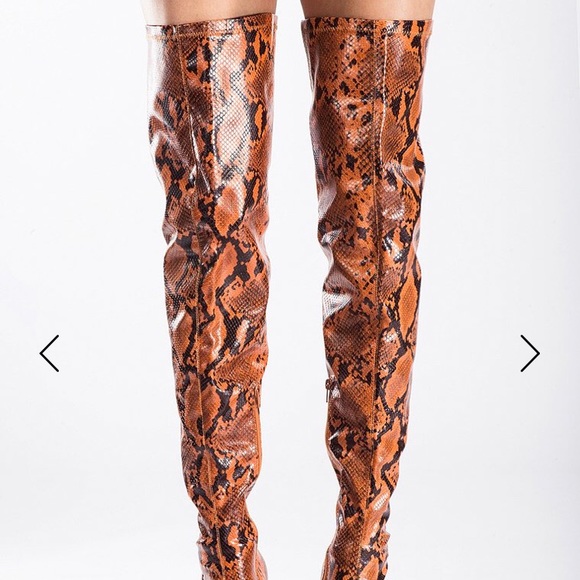 orange snakeskin thigh high boots